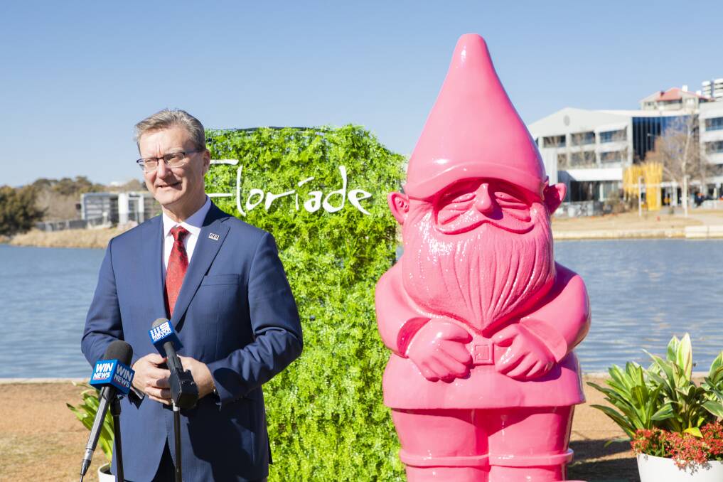 Arts Minister Gordon Ramsay with the gnome who will NOT be called Gnomey McGnomeface. Picture: Jamila Toderas