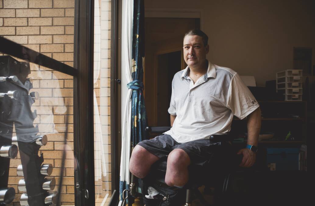Nathan Maher at home in Stirling. He trains with weights and even a bike and treadmill. Picture: Jamila Toderas