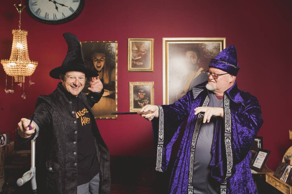 Quizzic Alley owner Nearly Legless Mick (Michael Milton), and The Great Wizard Gruntlesmith (Shaun Andrews) in the store. Picture: Jamila Toderas