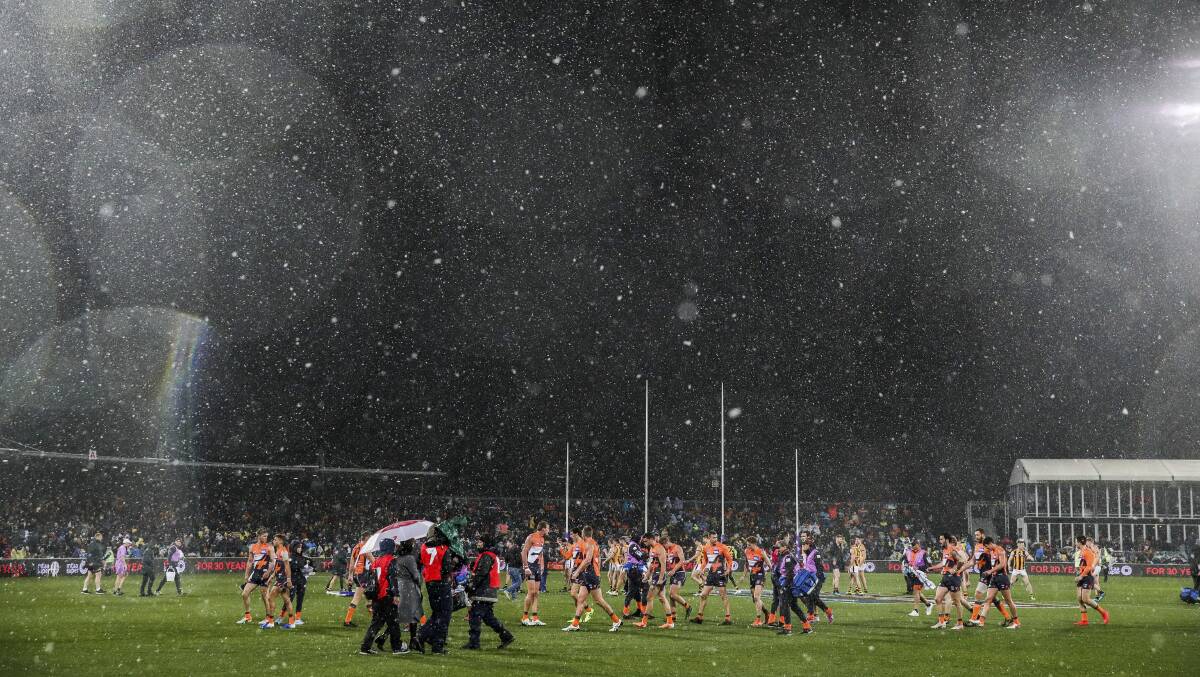 Snow fell at Manuka Oval. Picture: Alex Ellinghausen