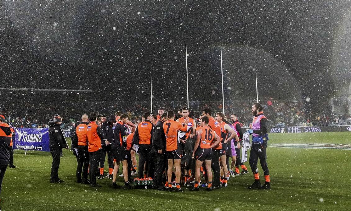 Snow falls on the ground during the game. GWS Giants vs Hawthorn Hawks AFL at Manuka Oval in Canberra on Friday 9 August 2019. Photo: Alex Ellinghausen