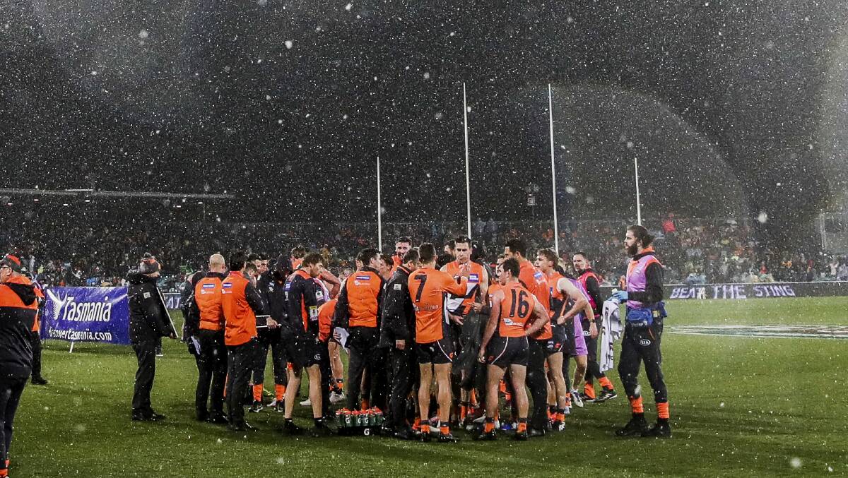 Snow falls on the ground during the GWS Giants vs Hawthorn Hawks match at Manuka Oval. Picture: Alex Ellinghausen