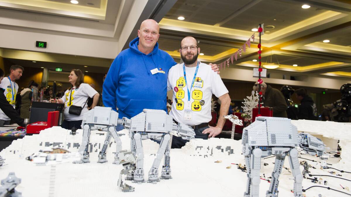 Andrew Choules and Wayne Brown with their Lego recreation of the Battle of Hoth, from Star Wars Episode V. Picture: Dion Georgopoulos