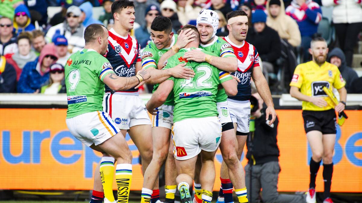 Elliott Whitehead is hoping to be celebrating against the Roosters again. Picture: Jamila Toderas