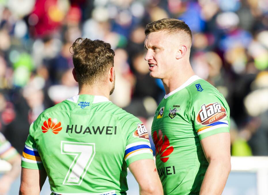 Raiders Aidan Sezer and Jack Wighton will play their 150th NRL games in consecutive weeks. Picture: Jamila Toderas