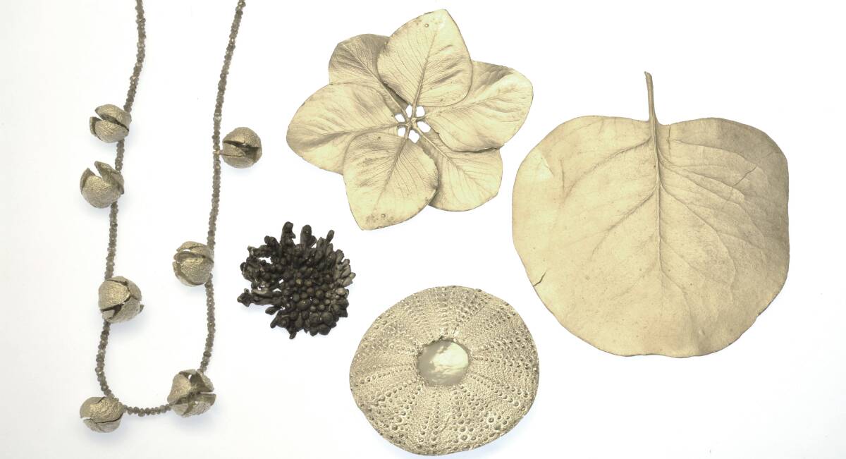 In Marian Hosking's Gardens at Bilk: Cyprus necklace;Neptunes necklace brooch;6 leaves brooch; Single leaf brooch; Sea Urchin. Picture: Supplied