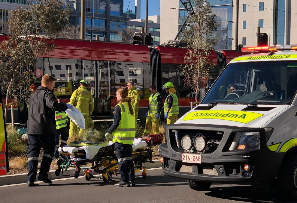 A man was taken to hospital in a serious condition after being hit by a light rail vehicle in Canberra on Monday, August 12, 2019. Picture: John Mikita
