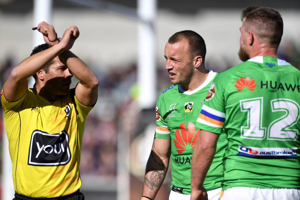 Raiders second-rower Elliott Whitehead, right, is put on report. Picture: NRL Photos