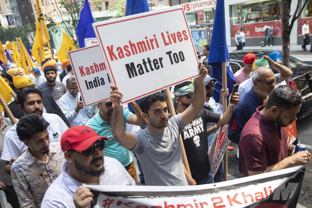 Kashmiris and pro-Khalistan Sikhs demonstrate during a rally to protest Indian Prime Minister Narendra Modi's decision to strip Kashmir of its special status. Picture: AP