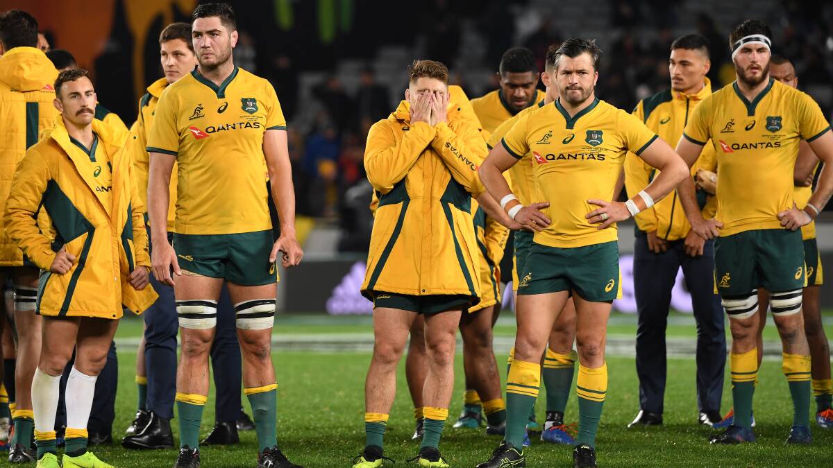James O'Connor (centre) reacts following the Bledisloe Cup loss to New Zealand on Saturday. Picture: AAP