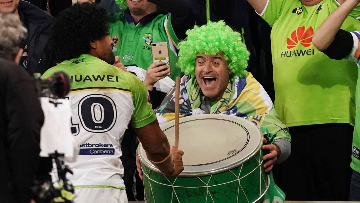 Sia Soliola bangs the drum to spark an impromptu viking clap. Picture: AAP