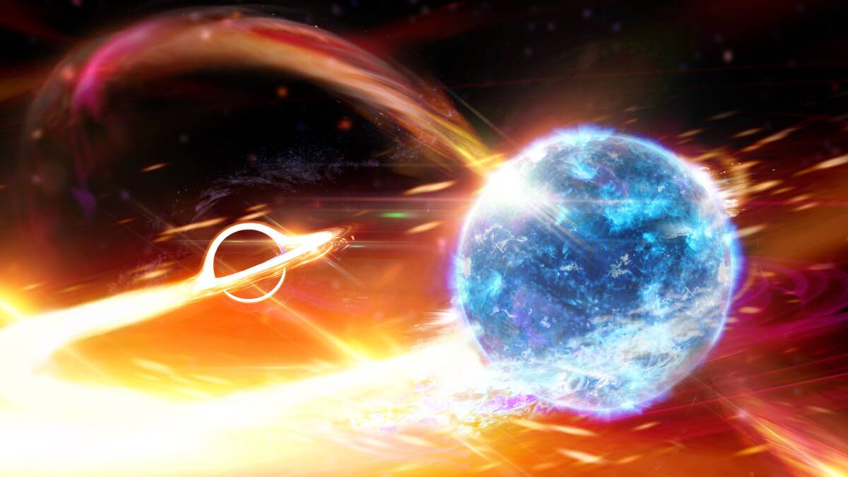 A artists' depiction of a black hole about to swallow a neutron star. Picture:: Carl Knox, OzGrav ARC Centre of Excellence