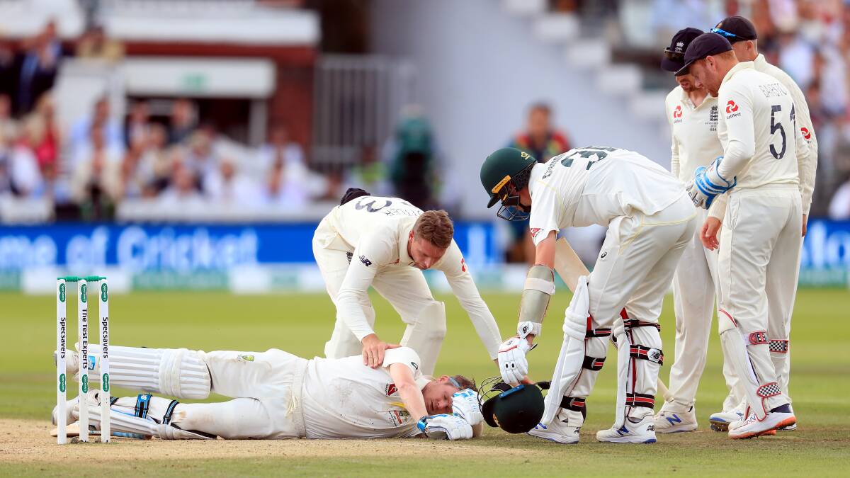 Australia's Steve Smith was hit in the next by a Jofra Archer bouncer. Picture: PA