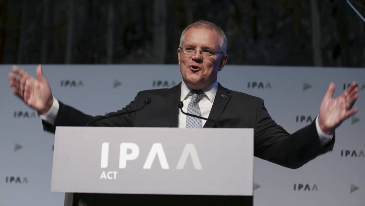 Prime Minister Scott Morrison addresses representatives of the Australian Public Service on Monday. Picture: Alex Ellinghausen