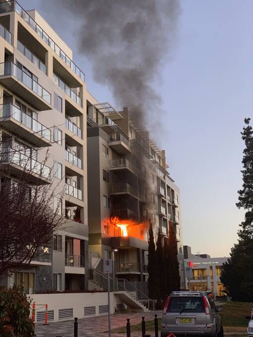 Image of balcony fire at the Glebe Park Apartments in Canberra on August 7, 2019. Picture: Supplied