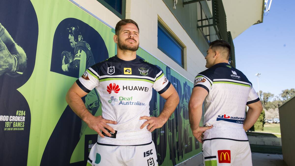 Canberra Raiders players Aidan Sezer and Nick Cotric will be wearing a charity jersey this weekend to raise funds for Deaf Australia. Picture: Dion Georgopoulos