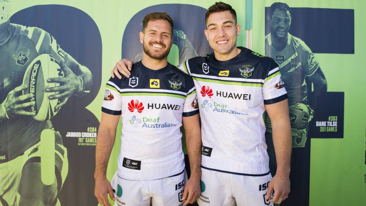 Raiders halfback Aidan Sezer, left, is excited about a sold-out Canberra Stadium. He said the week off will be good for his mate Nick Cotric, right, to recover from his "niggles". Picture: Dion Georgopoulos