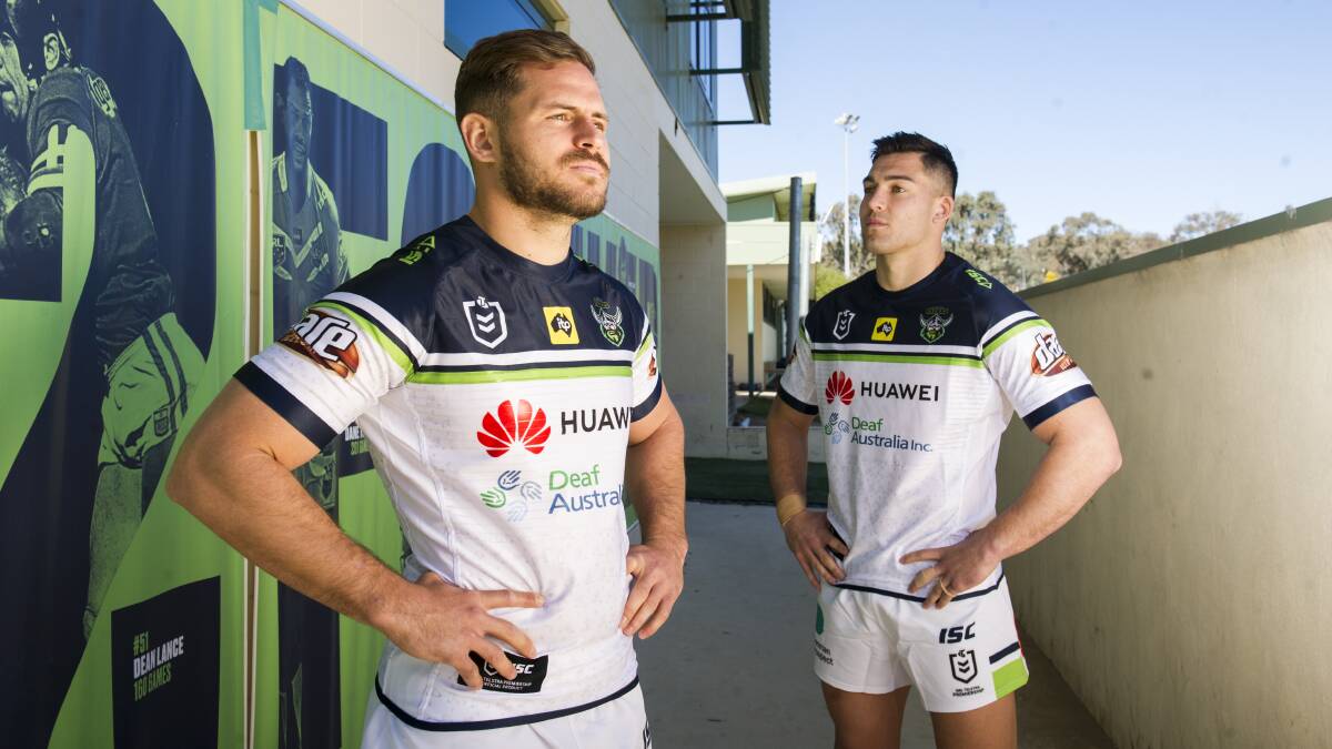 Canberra Raiders players Aidan Sezer and Nick Cotric will be wearing a charity jersey this weekend to raise funds for Deaf Australia. Picture: Dion Georgopoulos