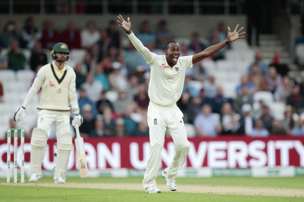 England's Jofra Archer celebrates after taking his 6th wicket, that of Australia's Nathan Lyon, on the first day of the third Ashes Test. Picture: AP