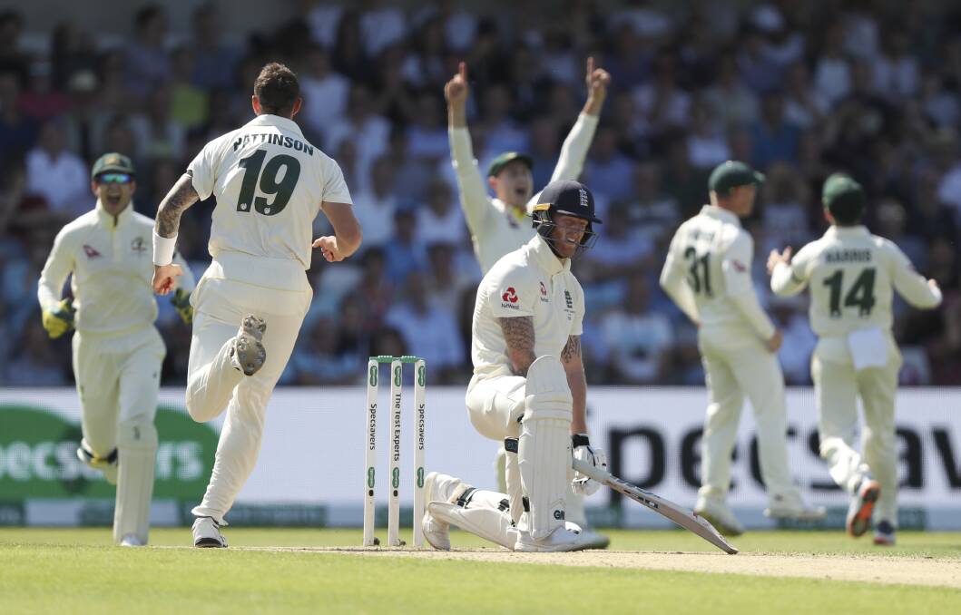 England's Ben Stokes reacts after he was dismissed by Australia's James Pattinson, second left, for eight runs. Picture: AP