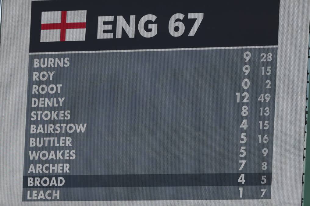 The scoreboard shows the England total for their 1st inning of 67 all out during play on the second day of the third Ashes Test. Picture: AP