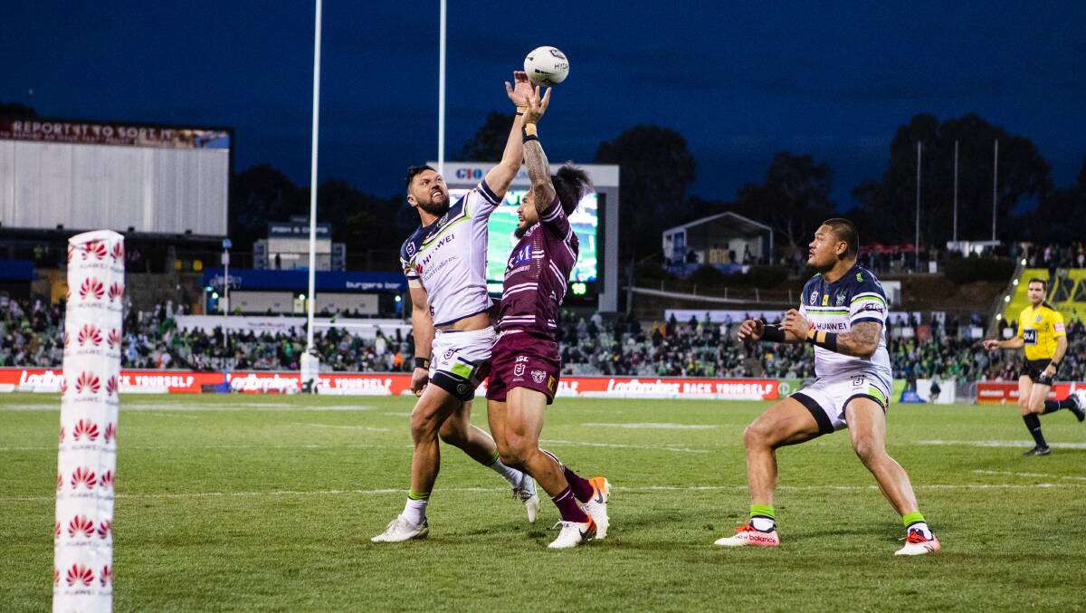 Jordan Rapana and Joey Leilua in action against Manly this year.
Picture: Jamila Toderas