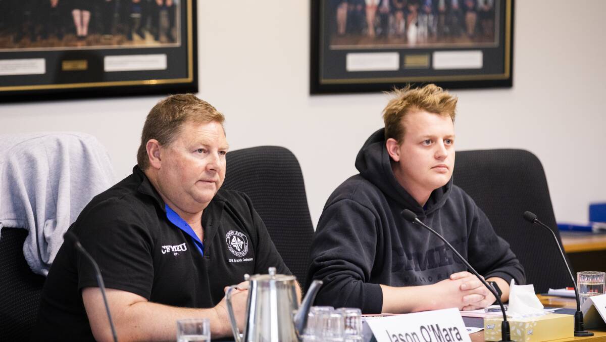 ACT branch union secretary Jason O'Mara, and official Zachary Smith at the inquiry into building quality in the ACT. Picture: Jamila Toderas