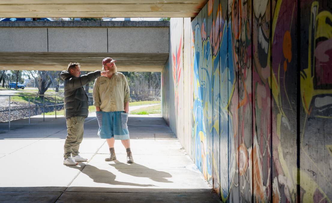 Luke Cornish and Dan Maginnity discuss the great graffiti saga of 2007, in which they painted a replacement mural of Steve Pratt. Picture: Elesa Kurtz