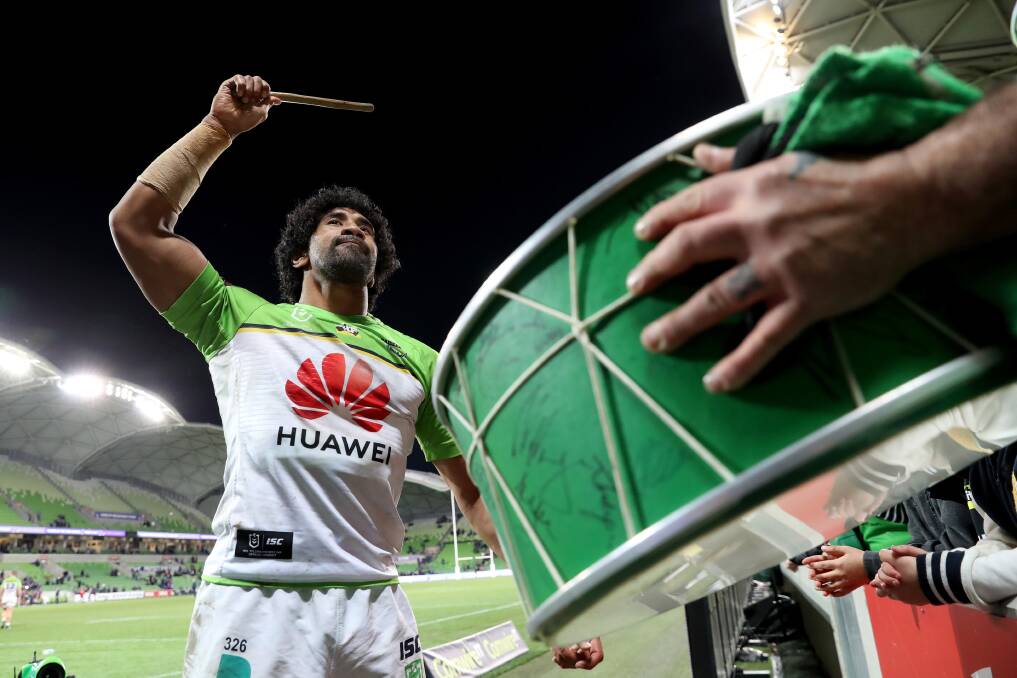 Sia Soliola has become the Raiders' drum beater at away games. Picture: NRL Imagery