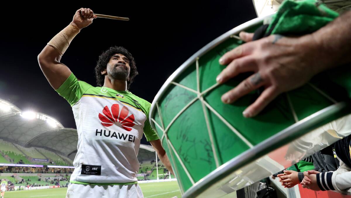 Sia Soliola beating the Viking clap drum after the Raiders beat Melbourne. Picture: NRL Photos