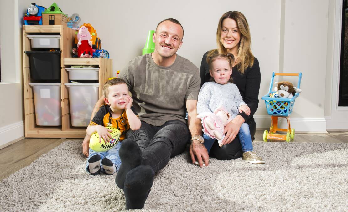 Canberra Raiders captain Josh Hodgson and wife Kirby and children George, 3, and Ivy 1. Picture: Dion Georgopoulos