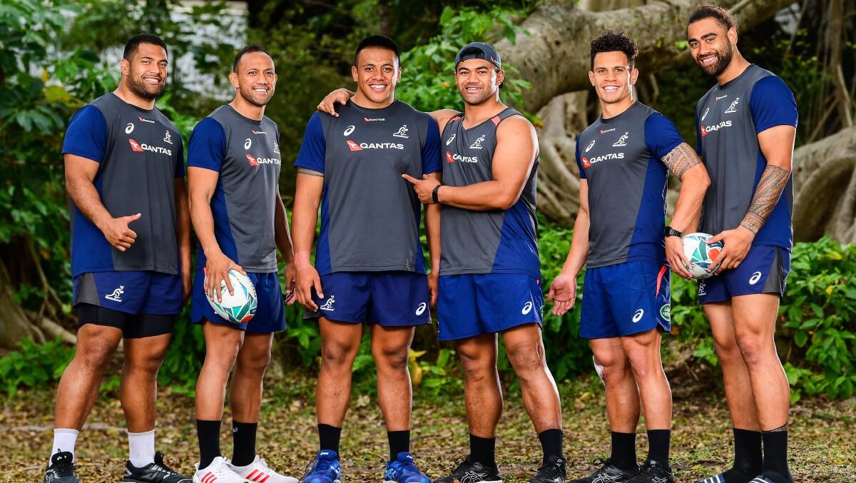 Scott Sio, Christian Lealiifano, Allan Alaalatoa, Jordan Uelese, Matt To'omua and Lukhan Salakaia-Loto are ready to play Samoa. Picture: Rugby AU Media/Stuart Walmsley