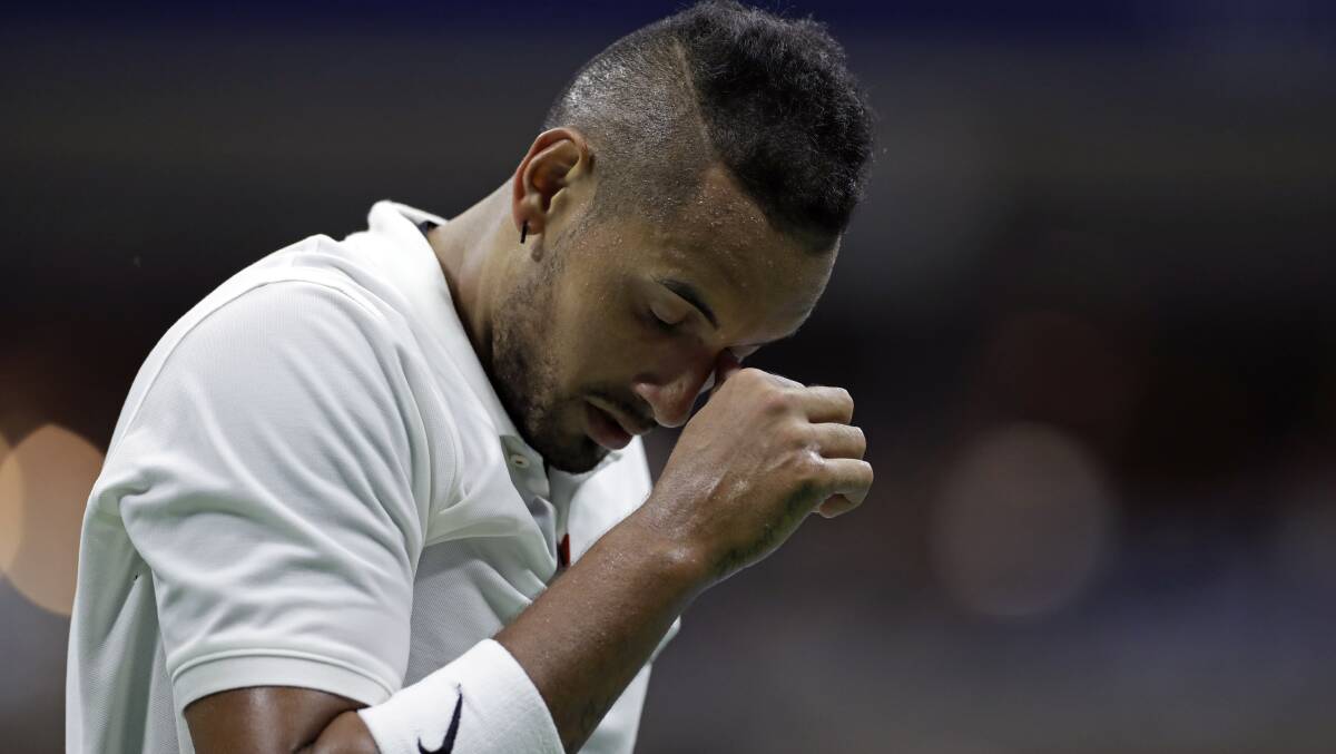 Nick Kyrgios reacts after losing a point to Andrey Rublev during the third round of the US Open tennis tournament. Picture: AP