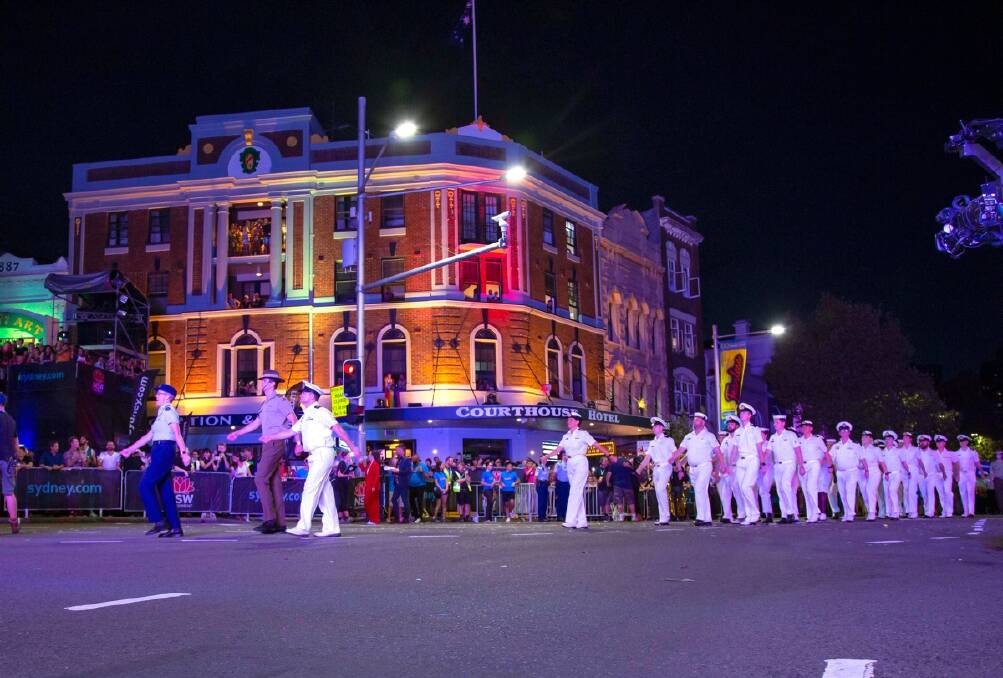 The Royal Australian Navy contingent, led by Air Vice-Marshal Dr Tracy Smart , march over the Oxford Street rainbow during this year's Mardi Gras Parade in Sydney. Picture: ADF