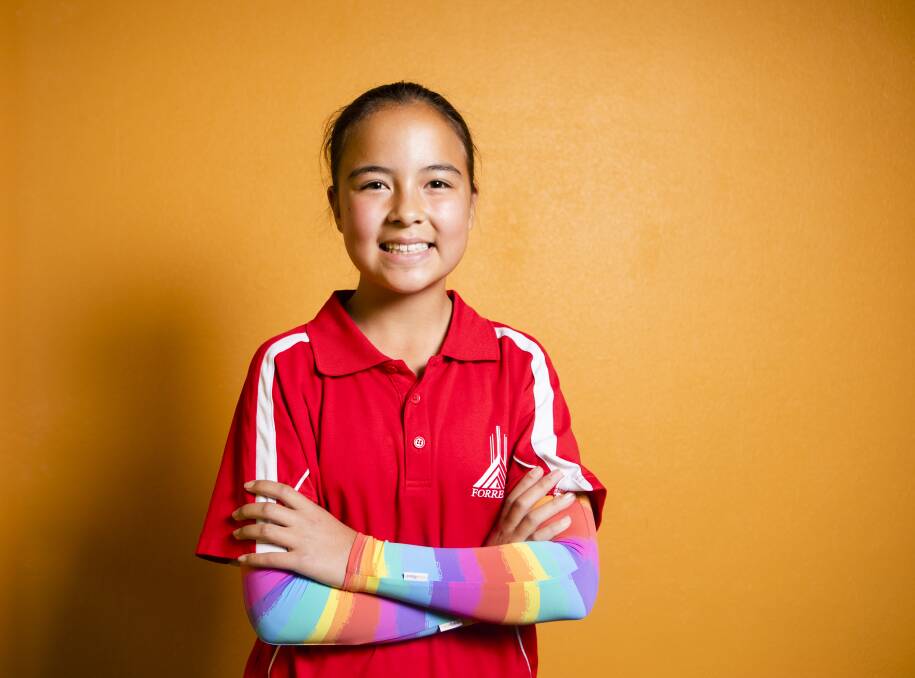 Forrest Primary year 6 student Sienna Dy-Mortimer, 11, in her winning Crazy Arms design. Picture: Jamila Toderas
