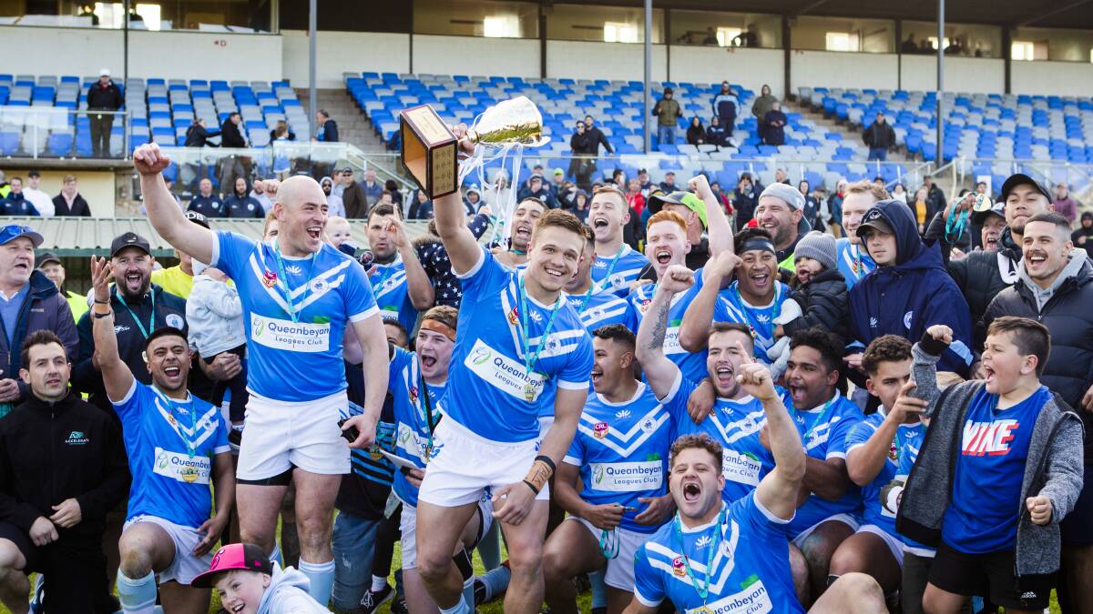 Canberra Raiders Cup grand final: Queanbeyan Blues v Goulburn Workers Bulldogs.
Queanbeyan Blues celebrate their win.
Picture: Jamila Toderas