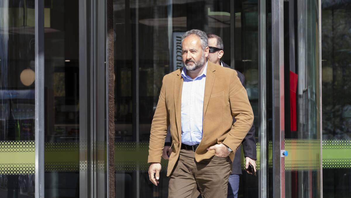 Nikias Diamond Pty Ltd director Dimitri Stramarcos leaves ACT Magistrates Court on Monday afternoon. Picture: Jamila Toderas