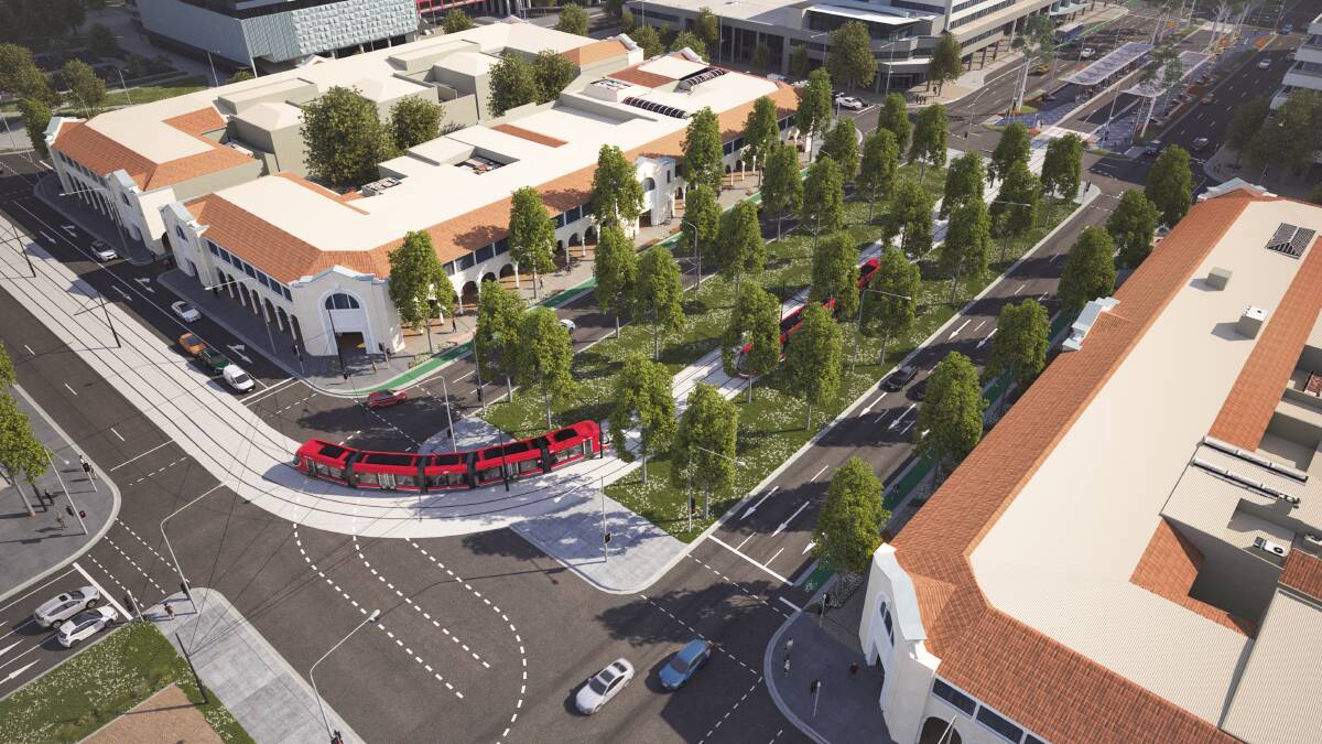 An artist's impression of stage 2a of the canberra light rail route showing tram stops in Civic.