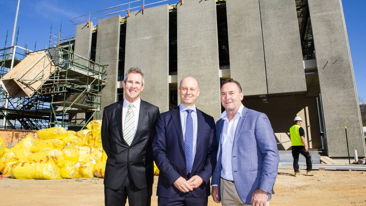 From left, Raiders CEO Don Furner, NRL CEO Todd Greenberg, and Raiders Coach Ricky Stuart.
Picture: Jamila Toderas