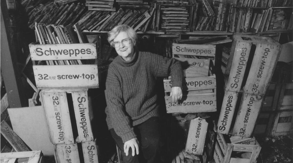 Rosalie Gascoigne, with her collection of Schweppes boxes in 1994. Picture: Richard Briggs