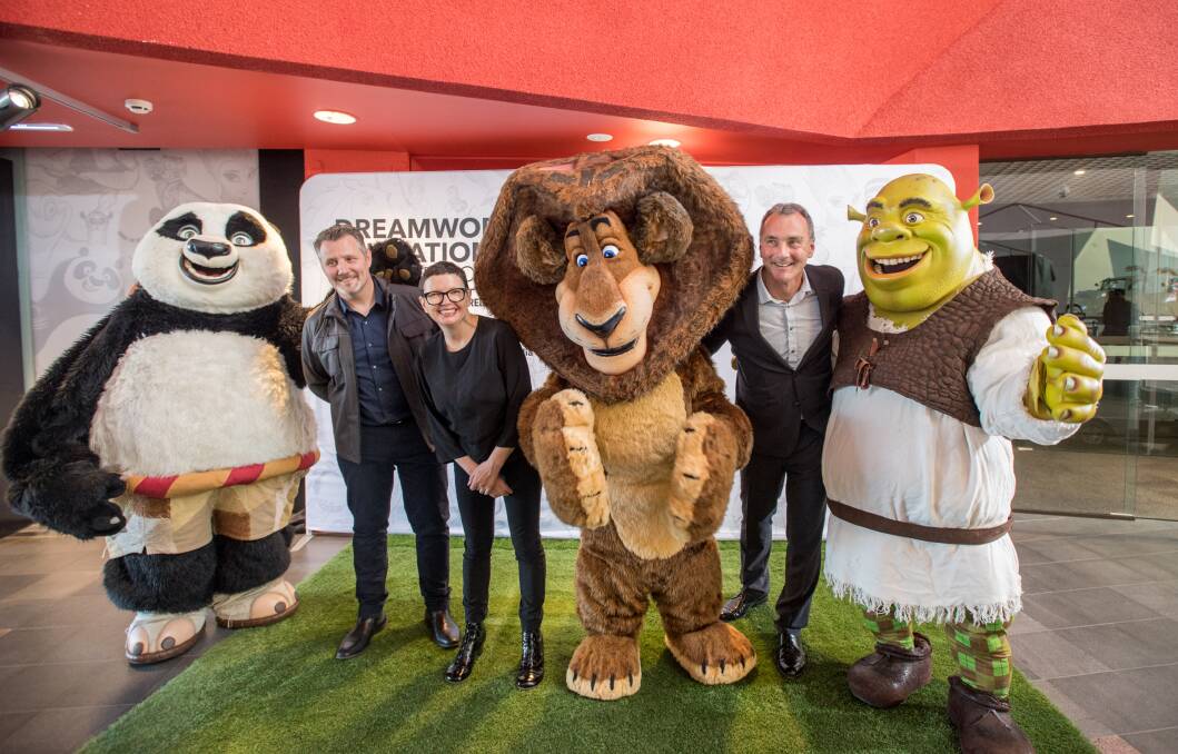 Po, Alex and Shrek with DreamWorks Animation supervising animator Marek Kochout, Australian Centre for Moving Image CEO Katrina Sedgwick and National Museum director Mathew Trinca. Picture: Karleen Minney