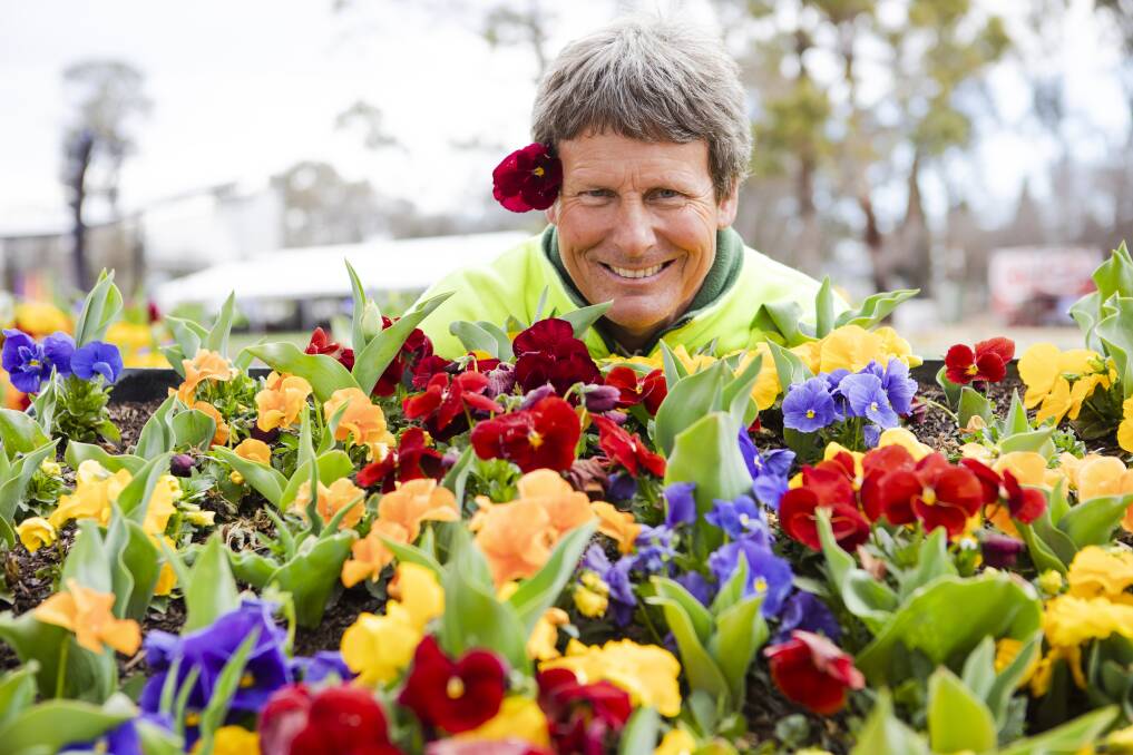Floriade's head gardener Andrew Forster celebrates after battling cockatoos, hares, water hens and even feral cats to bring the flowers to life. Picture: Jamila Toderas