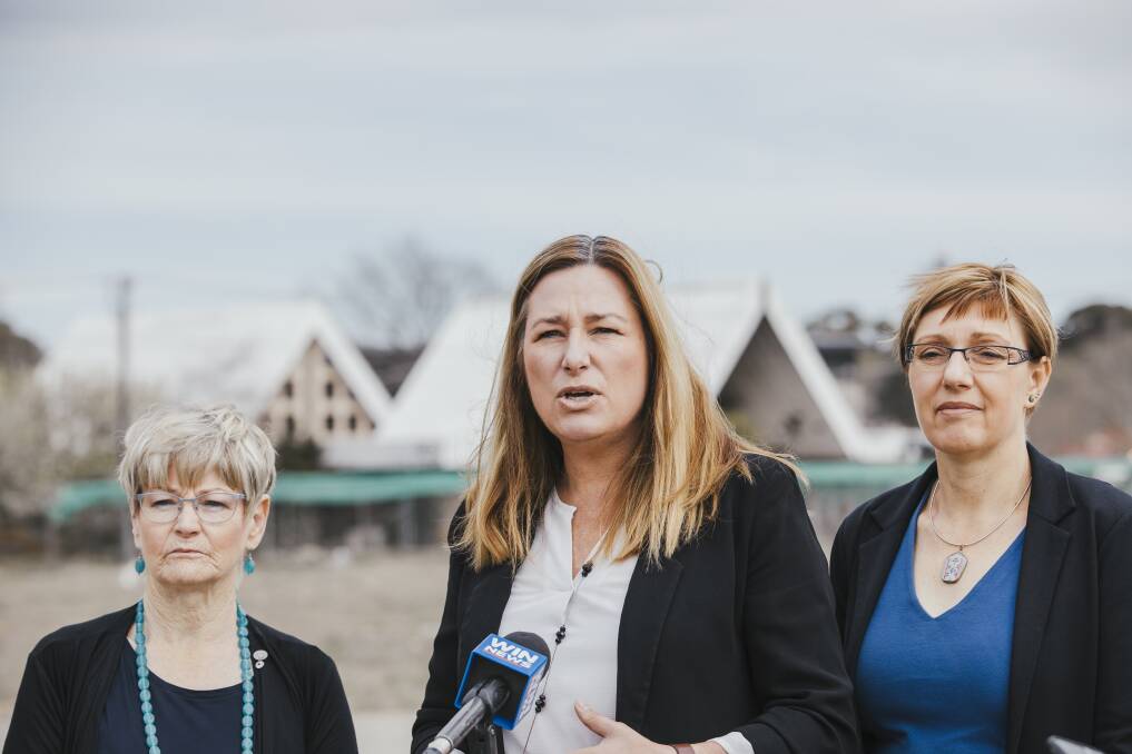 Housing Minister Yvette Berry, centre, who announced $3 million in funding to support rough sleepers and victims of domestic violence during the pandemic. Picture: Jamila Toderas