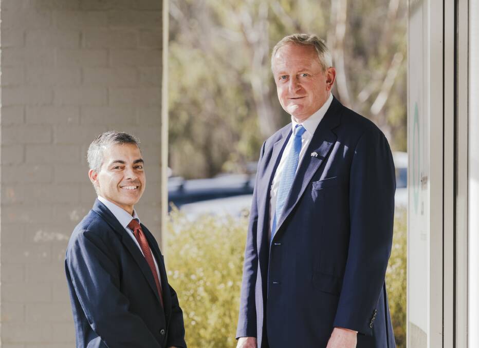 The Lord Mayor of the City of London, Peter Estlin, (right) and Vikram Sharma, founder and chief executive of Quintessence Labs in Canberra. Picture: Jamila Toderas