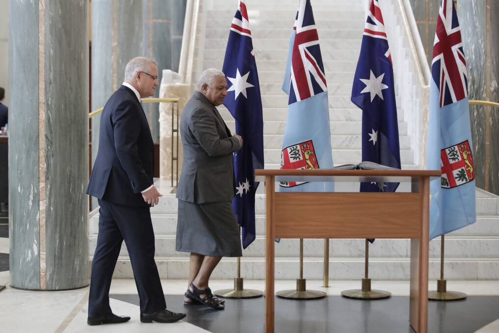 Prime Minister Scott Morrison and Prime Minister of Fiji Frank Bainimarama during his official visit to Parliament House in September. Picture: Alex Ellinghausen