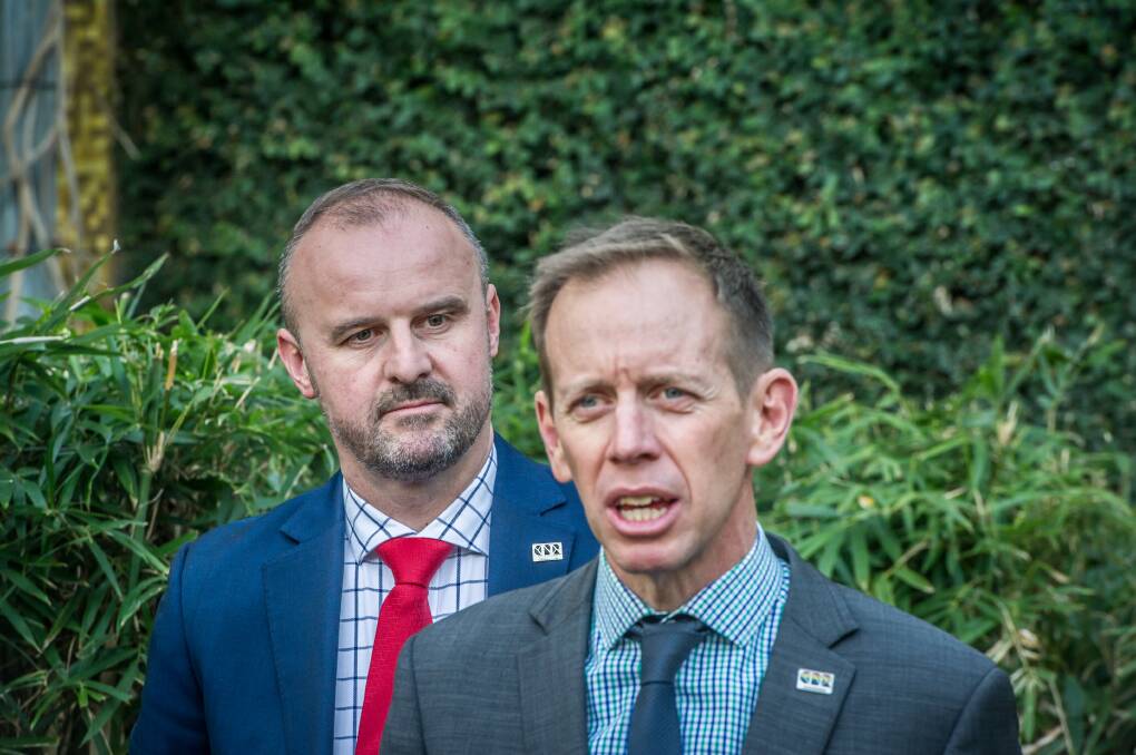 Chief Minister Andrew Barr and Minister for Climate Change and Sustainability Shane Rattenbury launched the government's new climate action plan on Monday. Picture: Karleen Minney