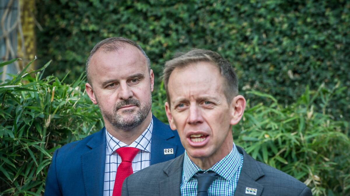 Chief Minister Andrew Barr and Consumer Affairs Minister Shane Rattenbury, who both said earlier this year Canberrans were being "gouged" at the pump. Picture: Karleen Minney