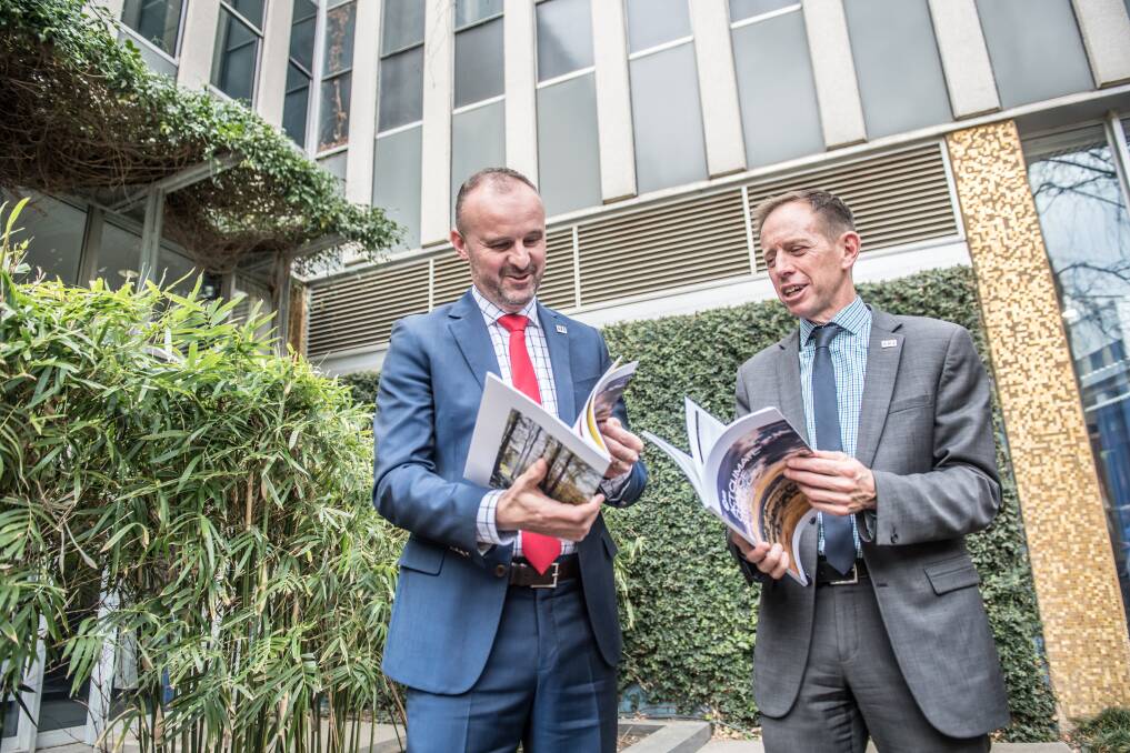Chief Minister Andrew Barr (left) and Member for Molonglo Shane Rattenbury at the announcement of the ACT's next major phase of climate action. Picture: Karleen Minney