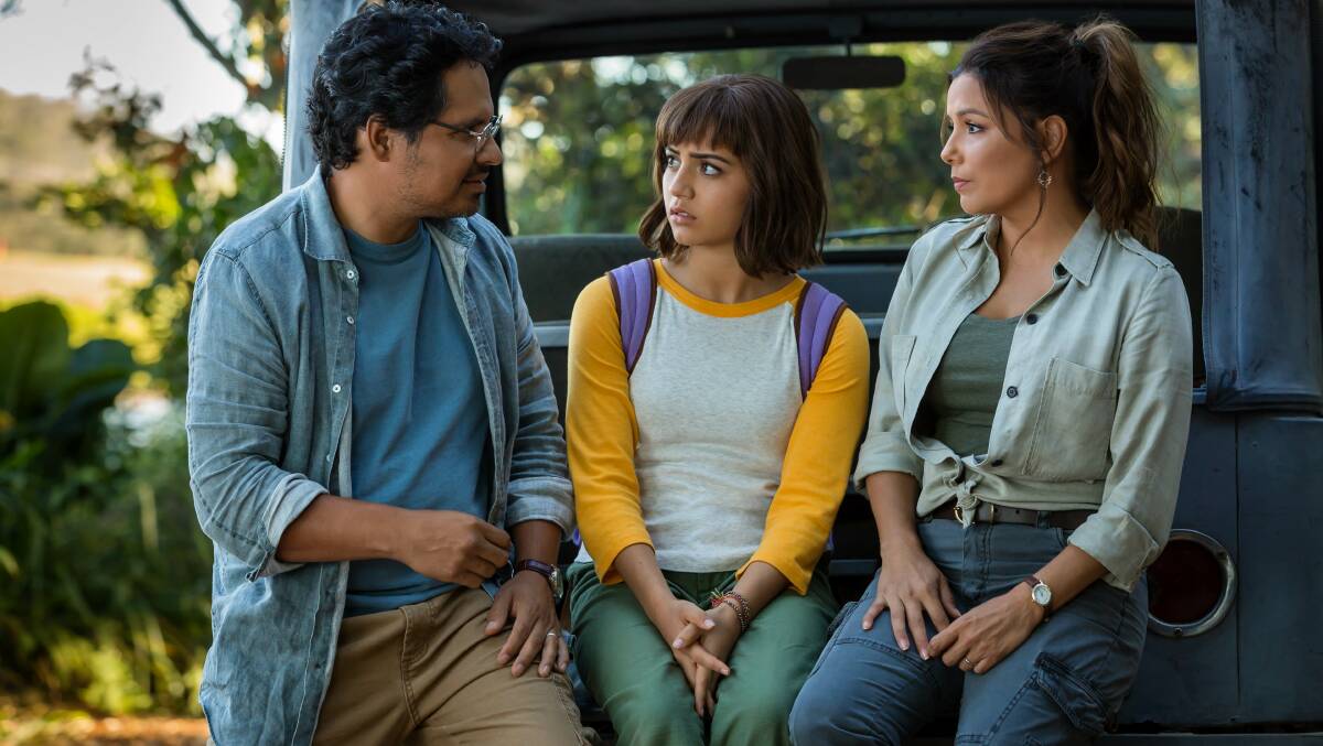 From left, Michael Pea, Isabela Moner and Eva Longoria star in Dora and the Lost City of Gold. Picture: Paramount