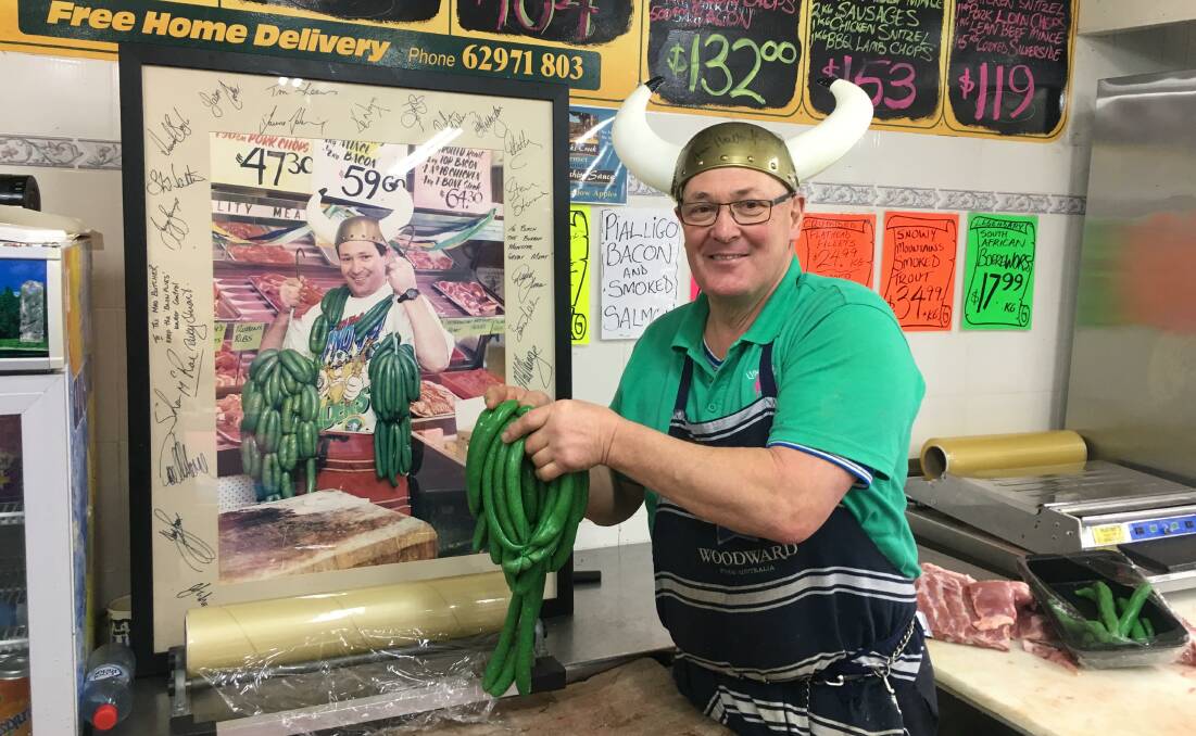 Peter "Butcher' Lindbeck with his famous green sausages. Picture: Peter Brewer